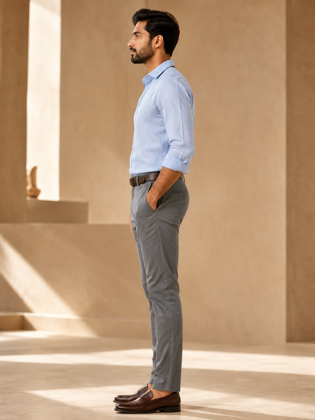 Nero men's cloudy grey cotton chinos side model view