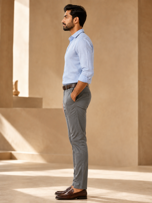 Nero men's cloudy grey cotton chinos side model view