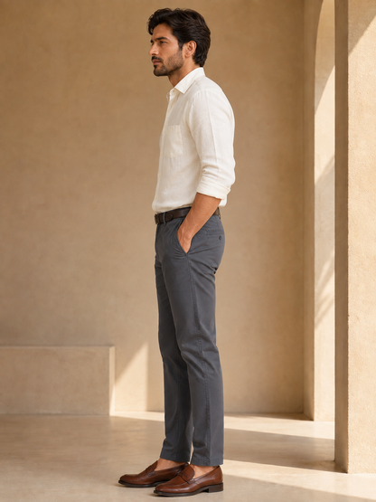 Men’s graphite grey Nero chinos – side model view