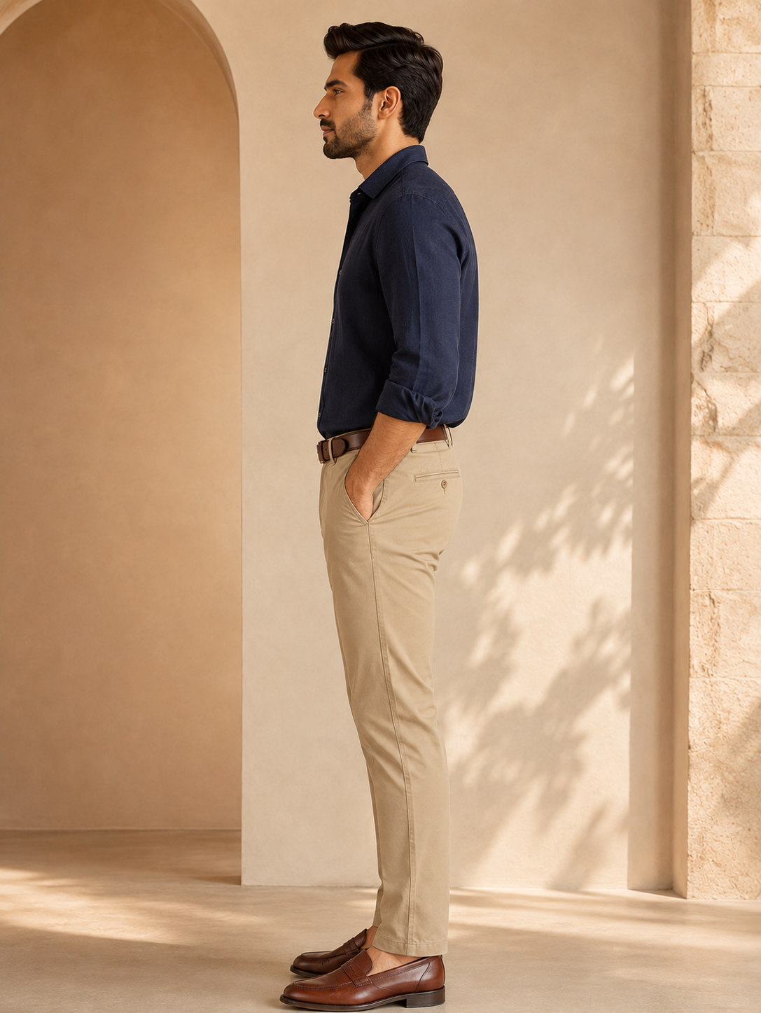 Men’s khaki beige Nero chinos – side model view