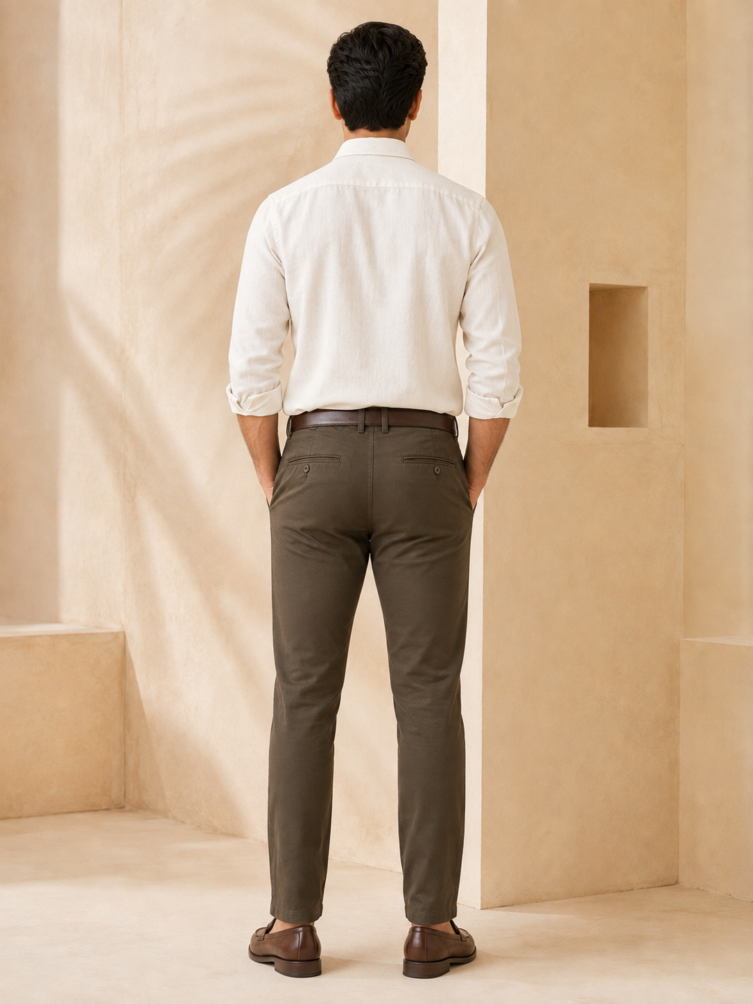 Men’s khaki brown Nero chinos – back model view