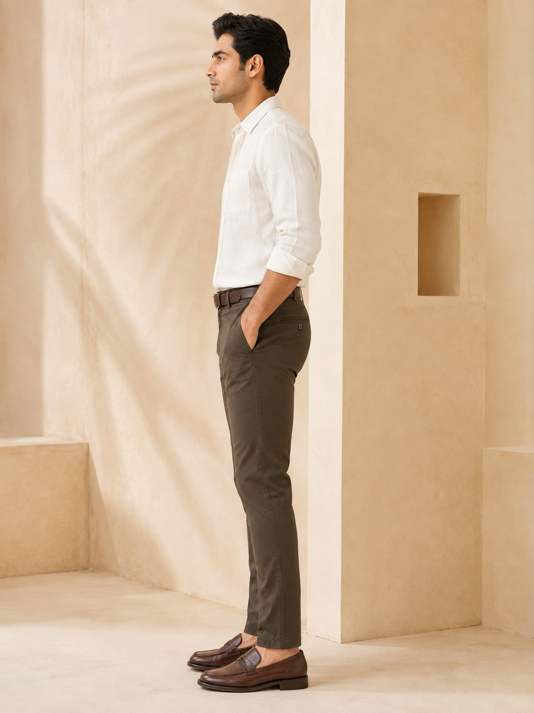 Men’s khaki brown Nero chinos – side model view