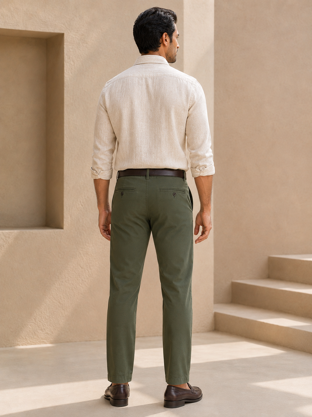 Men’s olive green Nero chinos – back model view