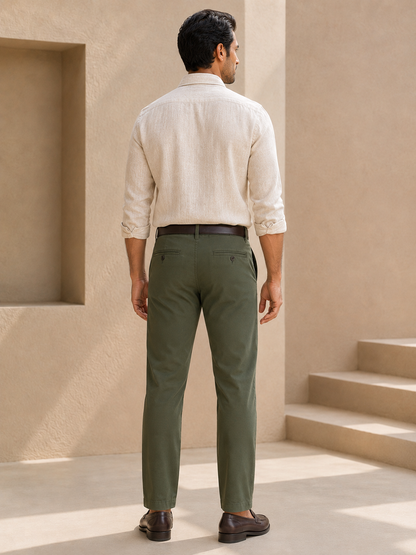Men’s olive green Nero chinos – back model view