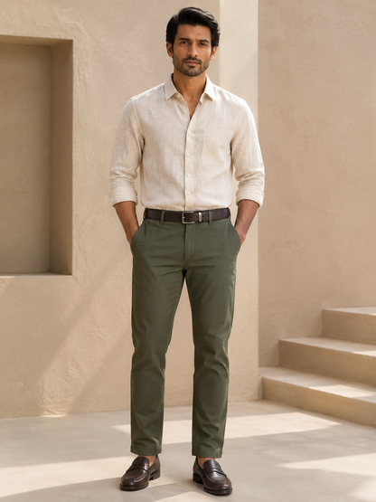 Men’s olive green Nero chinos – full front model view