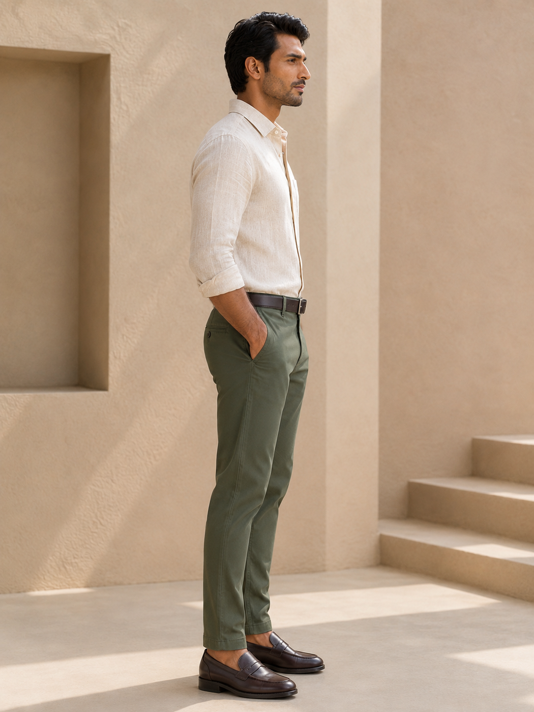 Men’s olive green Nero chinos – side model view
