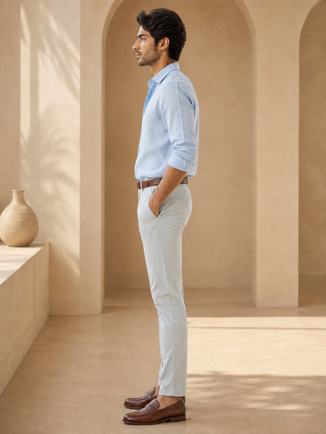 Men’s pearl white Nero chinos – side model view