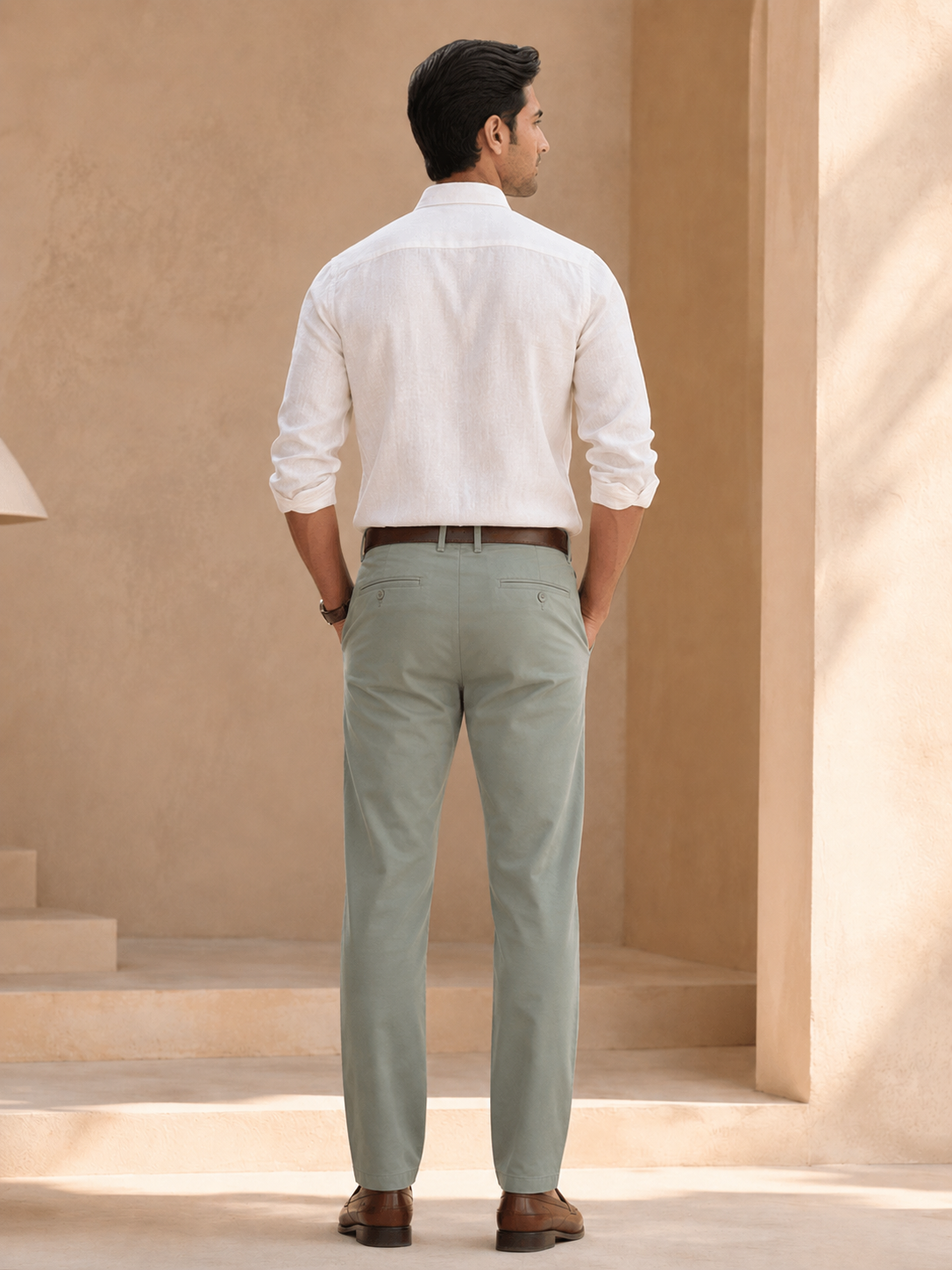 Nero men's sage green cotton chinos back model view