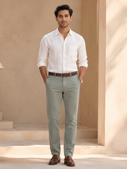 Nero men's sage green cotton chinos front model view