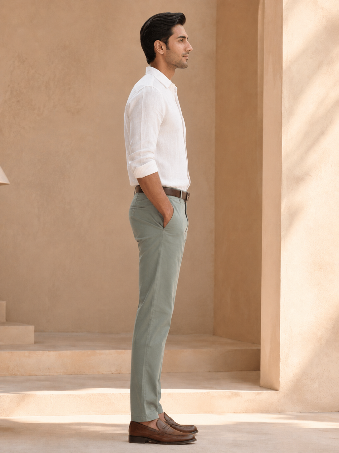 Nero men's sage green cotton chinos side model view