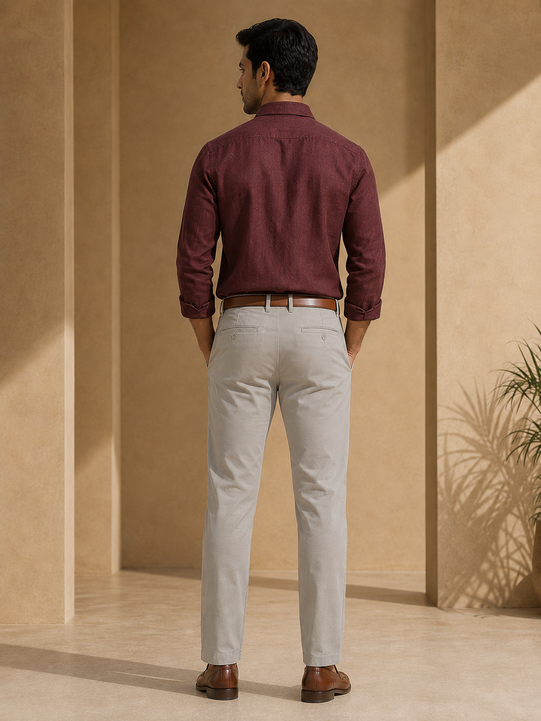 Nero men's stone beige cotton chinos back model view