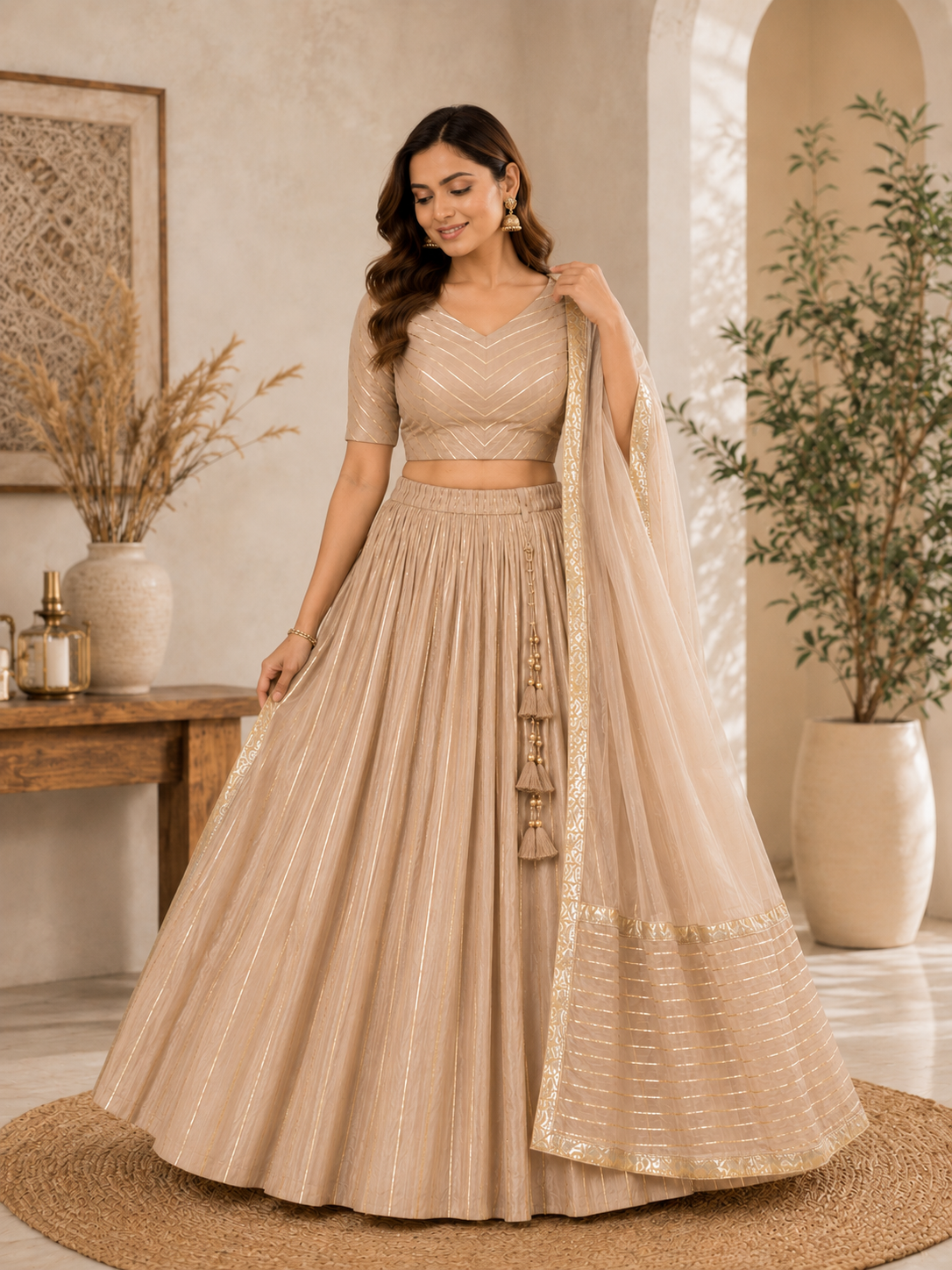 Light Beige lehenga choli set with dupatta – front view