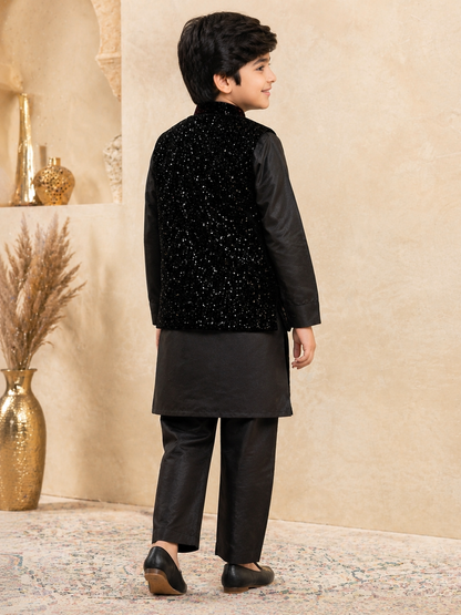Boys black sequinned waistcoat kurta set rear view