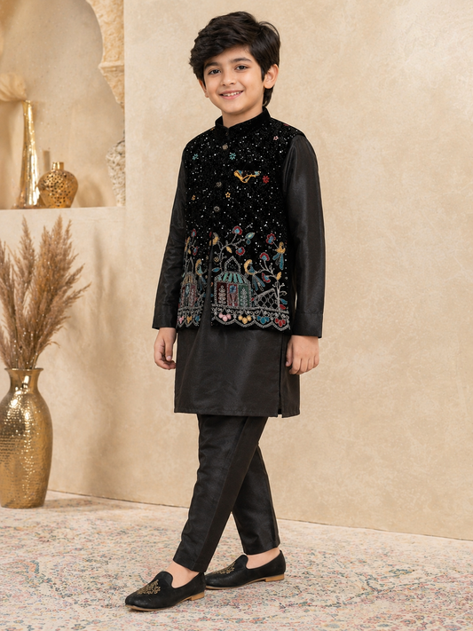 Boys black sequinned waistcoat kurta set three-quarter view