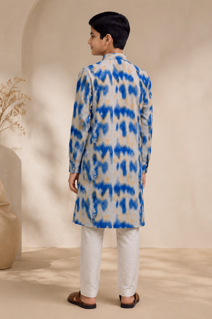 Boys blue printed kurta set rear view