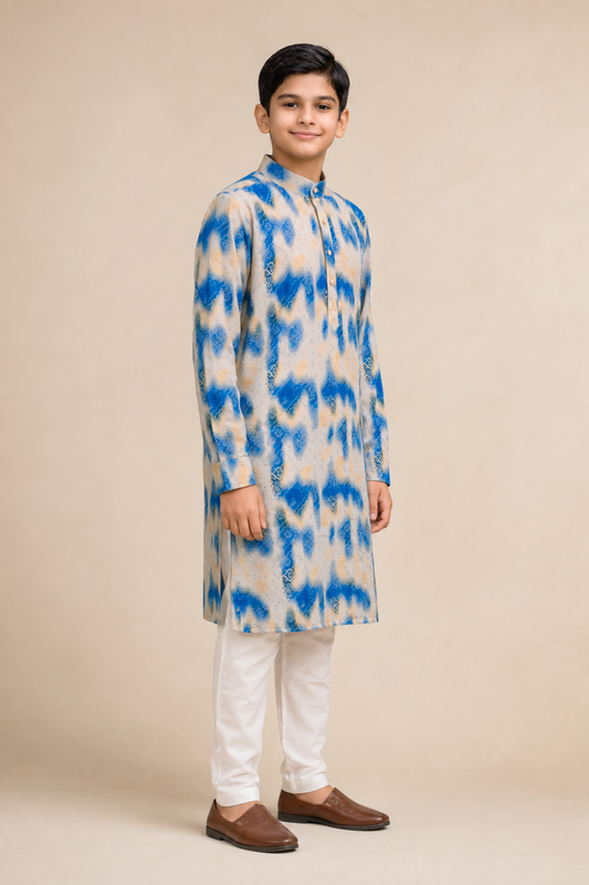 Boys blue printed kurta set three-quarter view