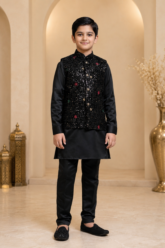 Boys black sequins waistcoat kurta set front view