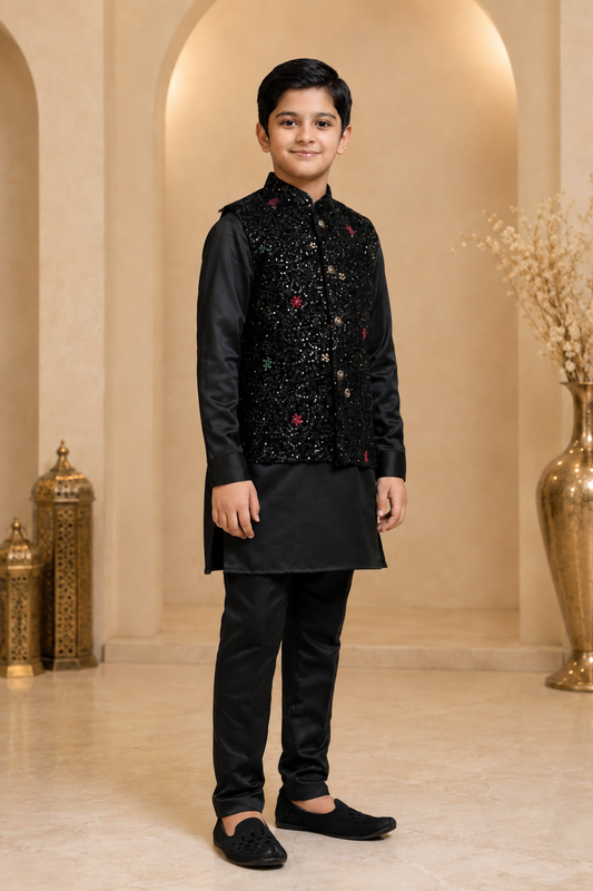 Boys black sequins waistcoat kurta set side view