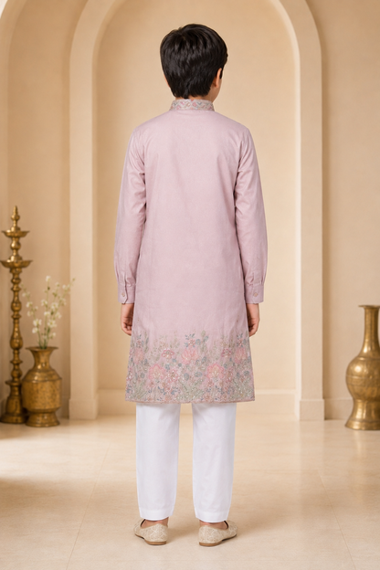Boys blush pink embroidered festive kurta back view