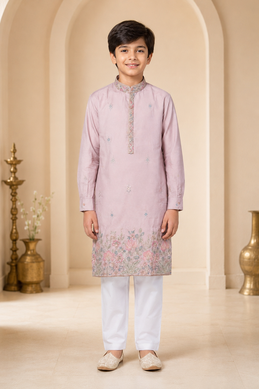 Boys blush pink embroidered festive kurta front view