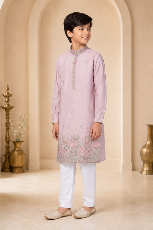 Boys blush pink embroidered festive kurta side view