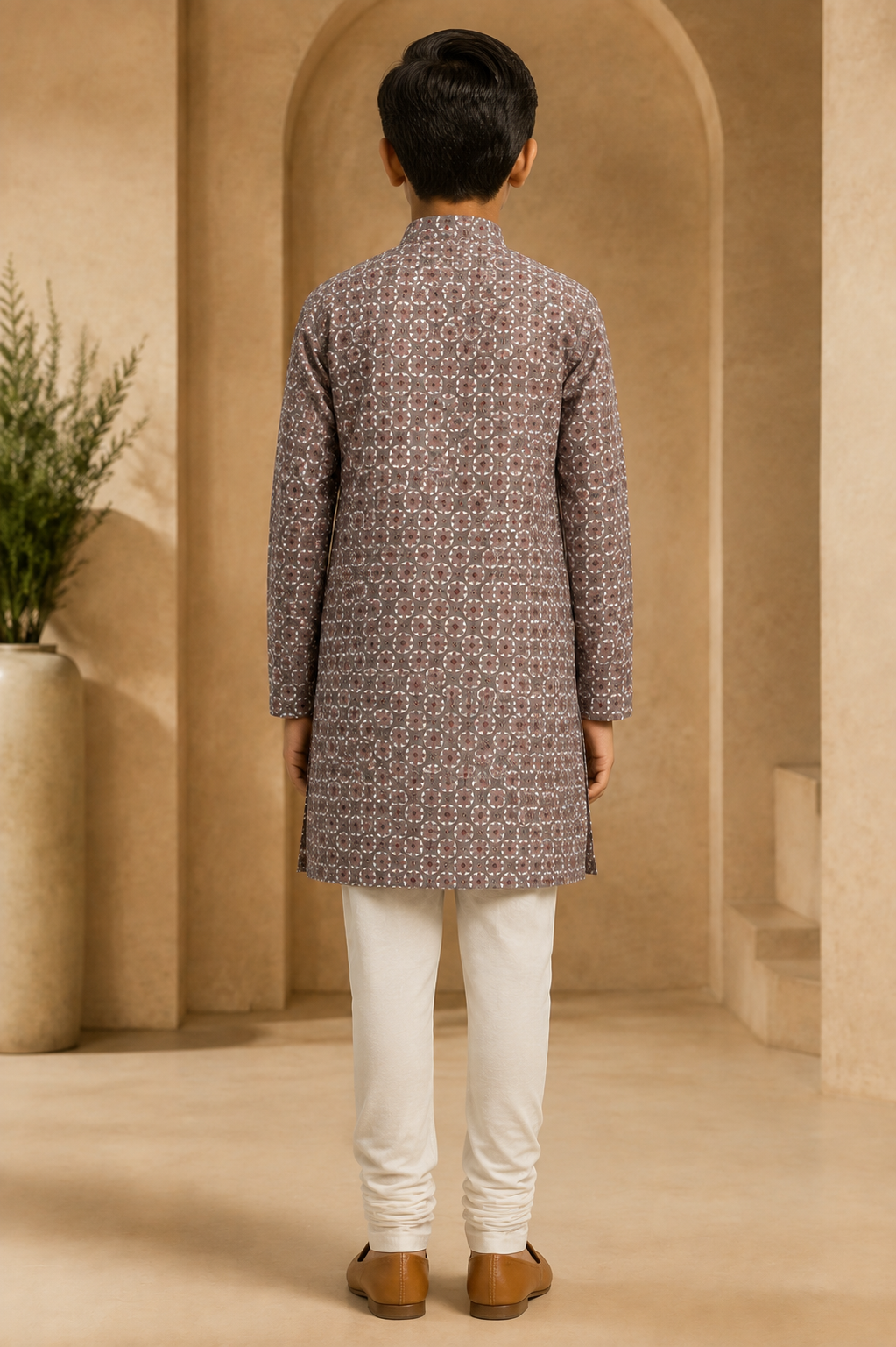 Boys brown grey printed kurta and churidar back model view