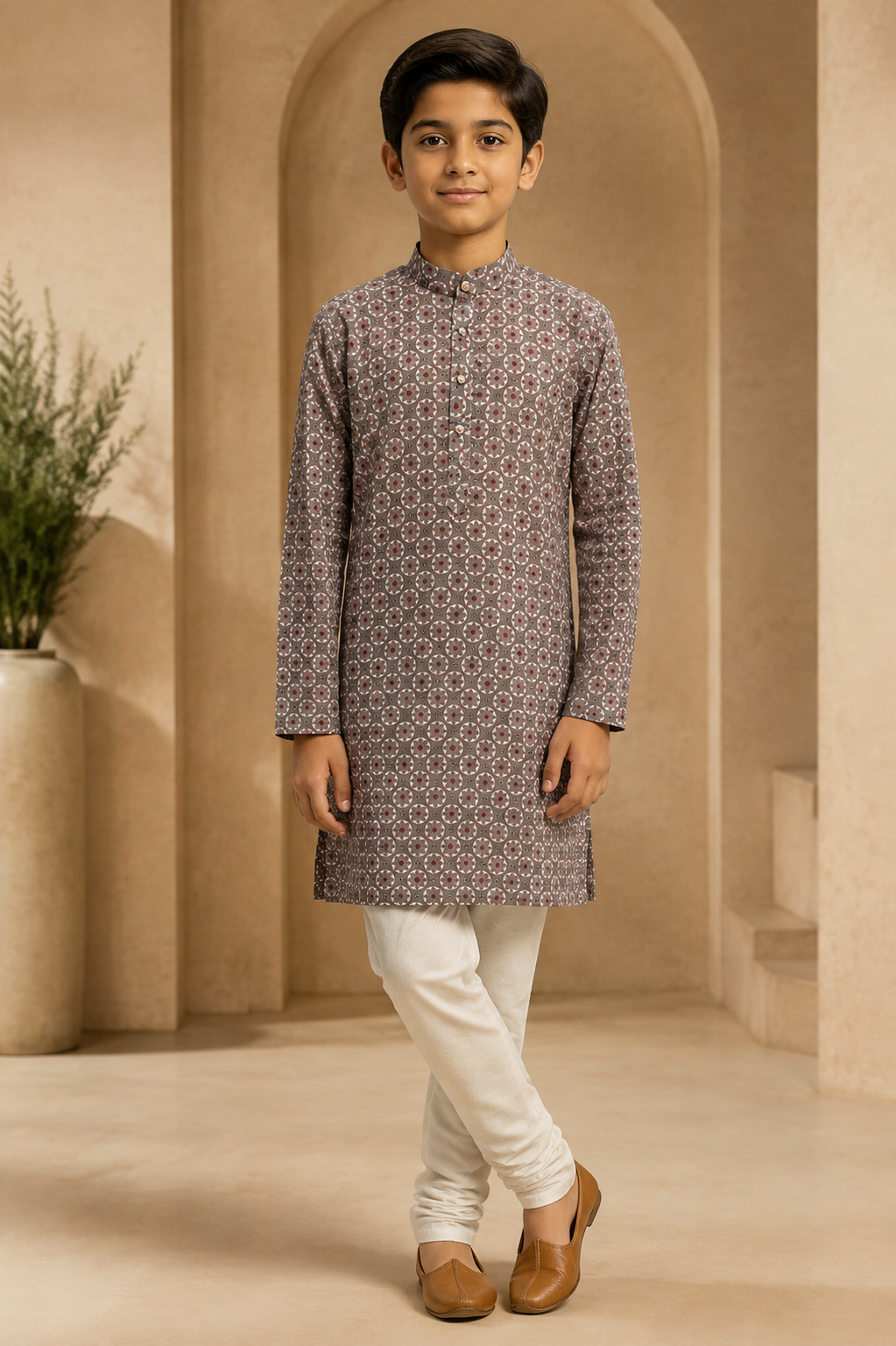 Boys brown grey printed kurta and churidar front model view
