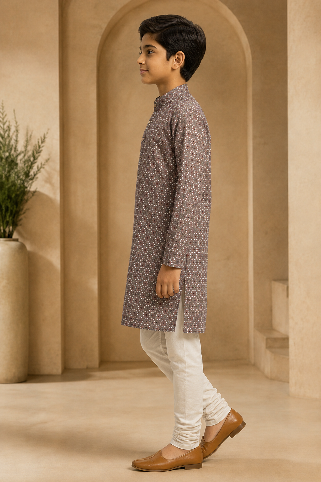 Boys brown grey printed kurta and churidar side model view