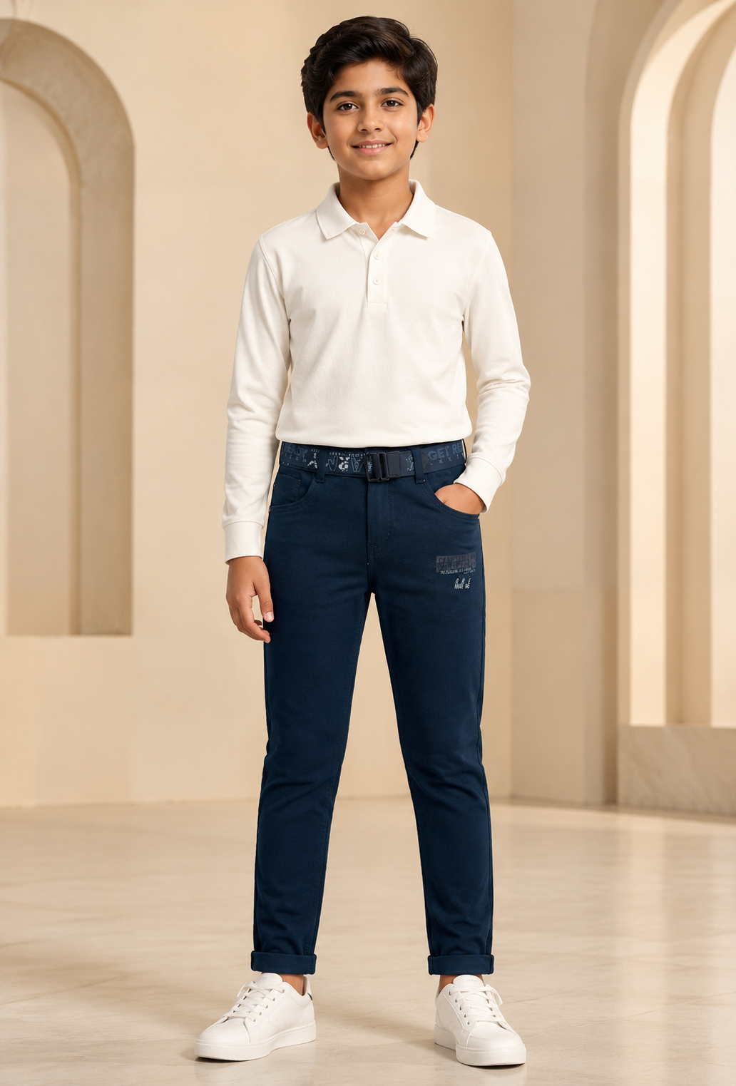 Boys navy classic trouser front model view