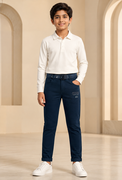 Boys navy classic trouser front model view