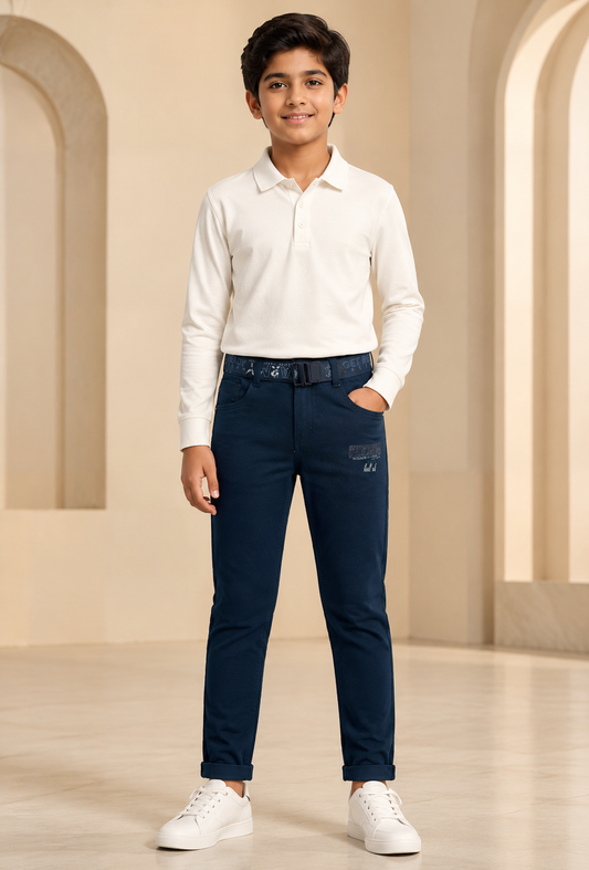 Boys navy classic trouser front model view