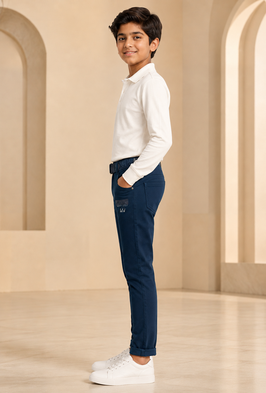 Boys navy classic trouser side model view