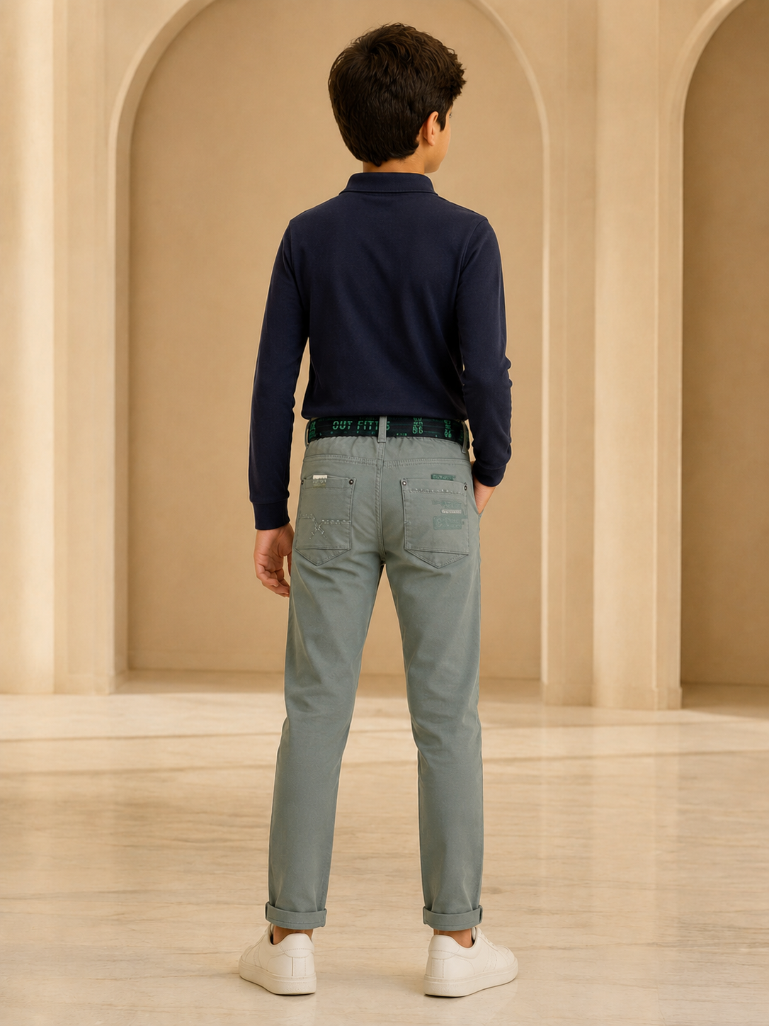 Boys pista green classic trouser back model view