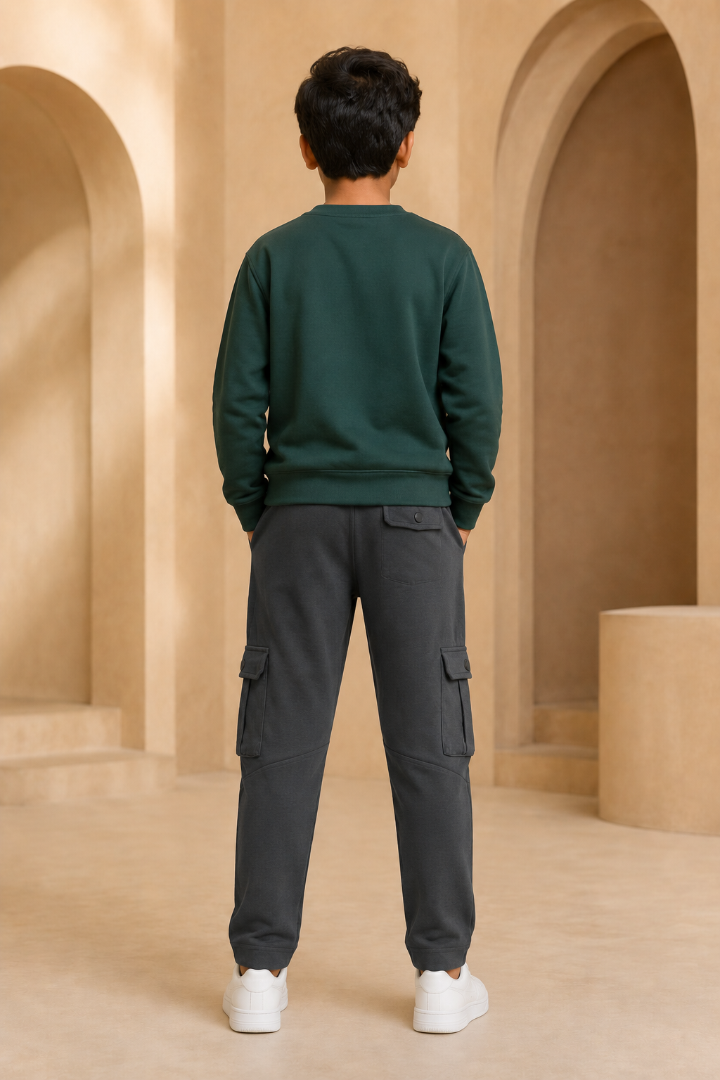 Boys grey cargo track pant back model view