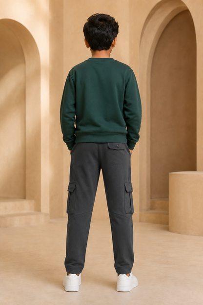 Boys grey cargo track pant back model view