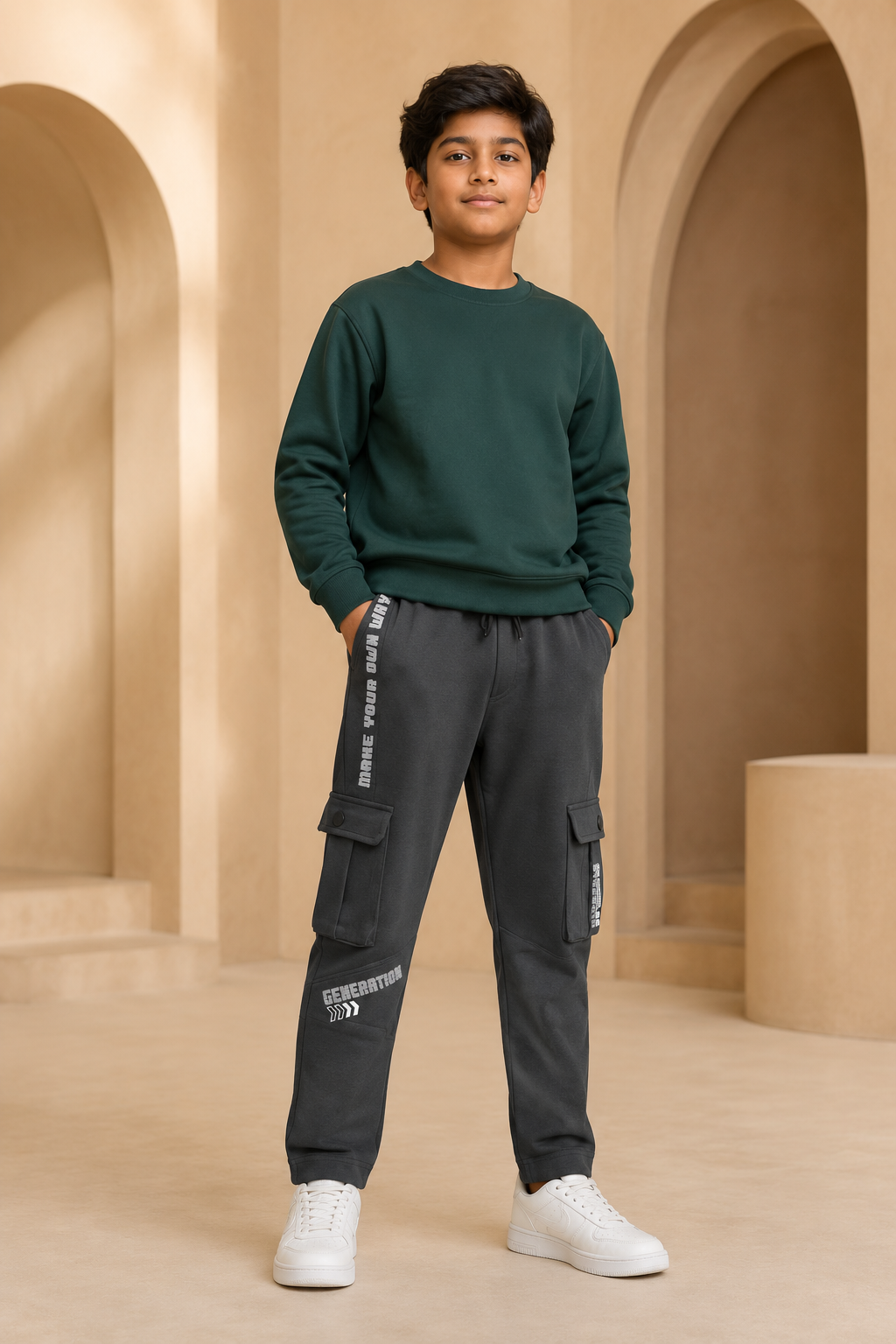 Boys grey cargo track pant front model view