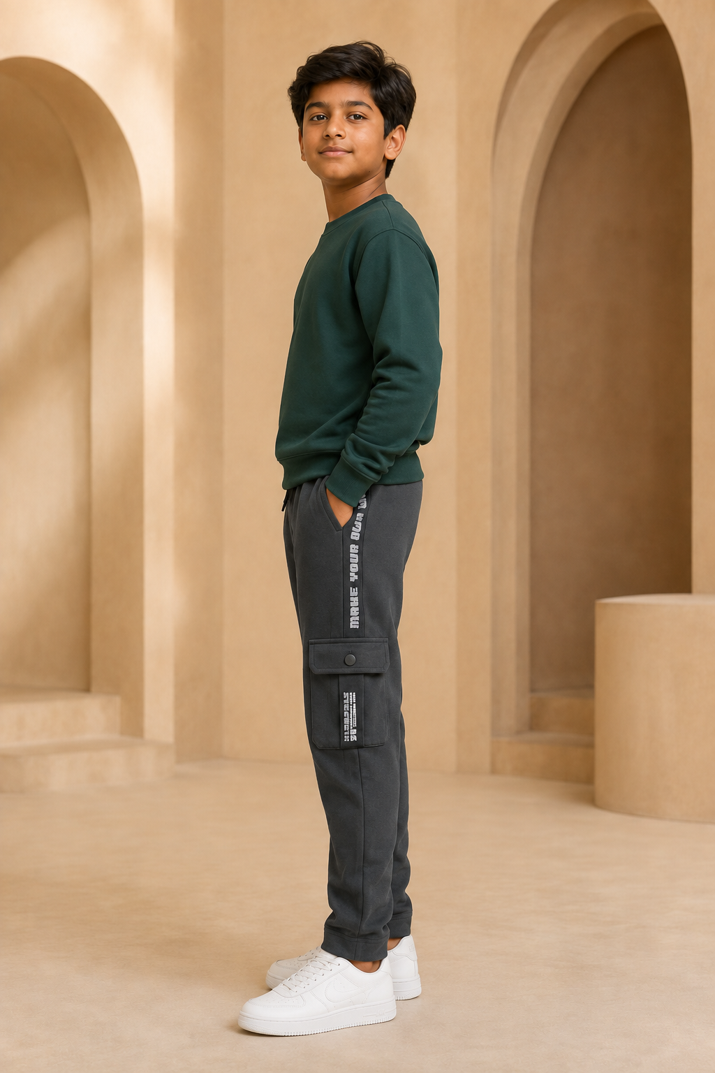 Boys grey cargo track pant side model view