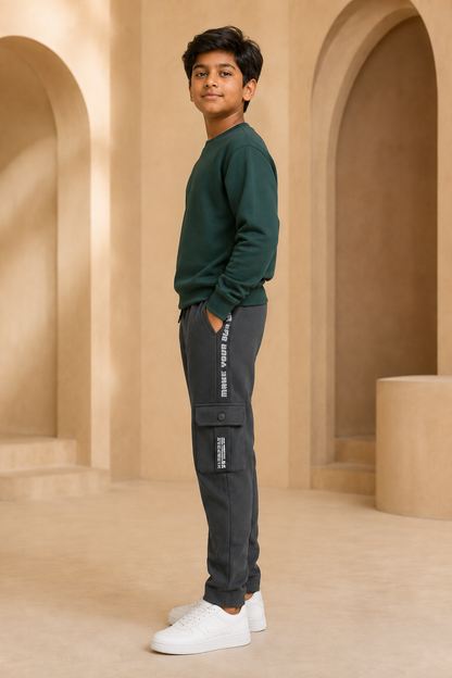 Boys grey cargo track pant side model view
