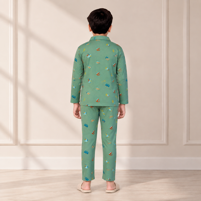 Boys cotton night suit in Dark Green Vehicle Print, back view