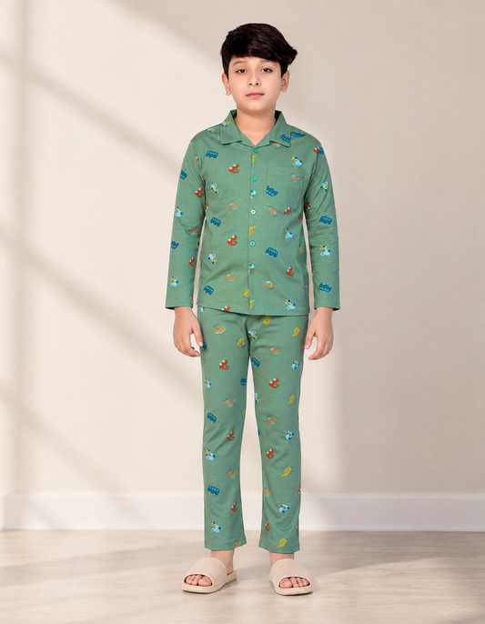 Boys cotton night suit in Dark Green Vehicle Print, front view