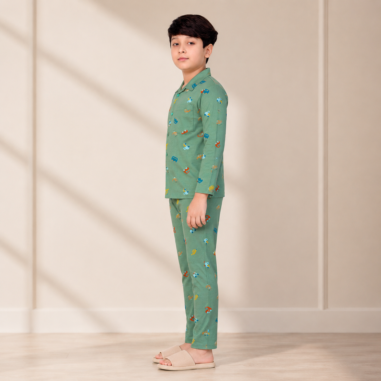 Boys cotton night suit in Dark Green Vehicle Print, side view