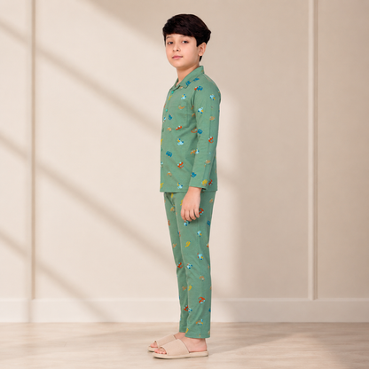 Boys cotton night suit in Dark Green Vehicle Print, side view