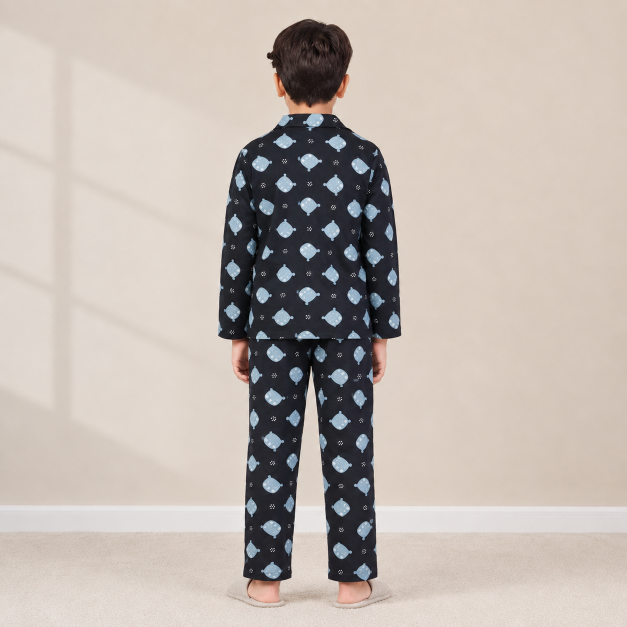Boys cotton night suit in Navy Blue Whale Print, back view