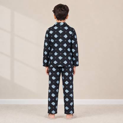 Boys cotton night suit in Navy Blue Whale Print, back view