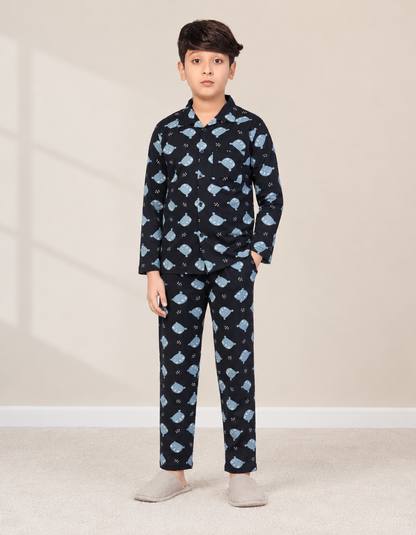 Boys cotton night suit in Navy Blue Whale Print, front view