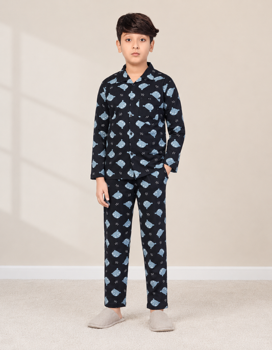 Boys cotton night suit in Navy Blue Whale Print, front view