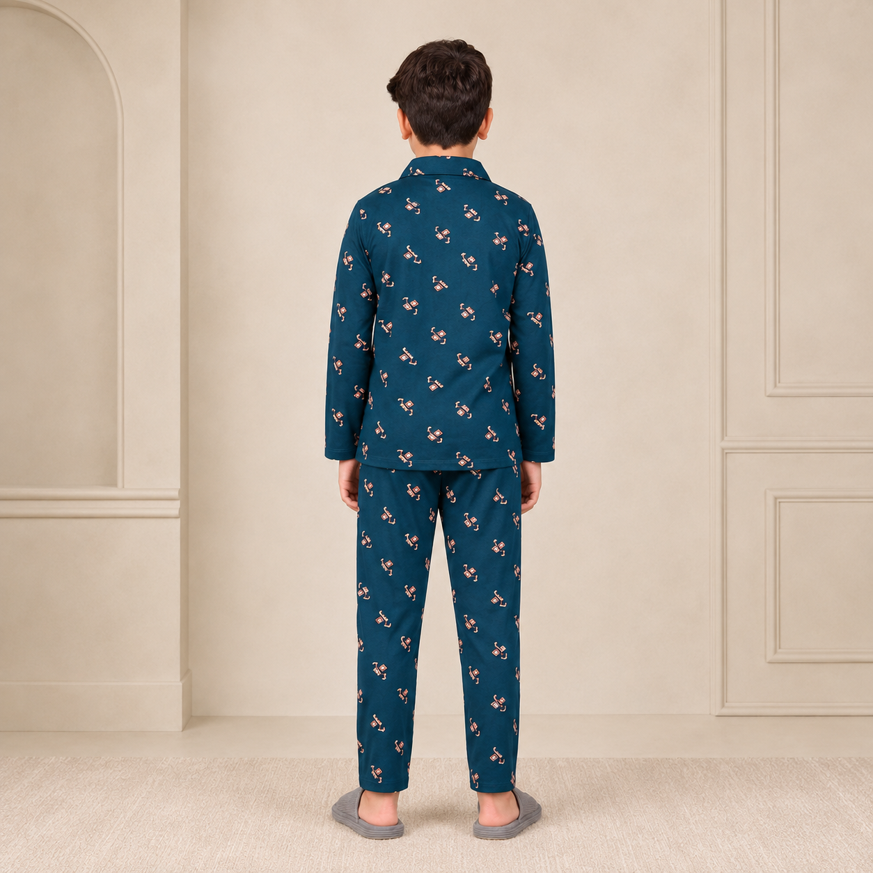 Boys cotton night suit in Ocean Blue Geometric Print, back view