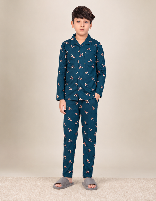 Boys cotton night suit in Ocean Blue Geometric Print, front view
