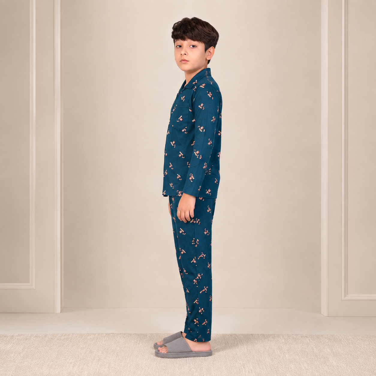 Boys cotton night suit in Ocean Blue Geometric Print, side view