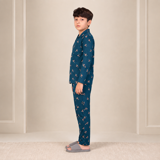 Boys cotton night suit in Ocean Blue Geometric Print, side view